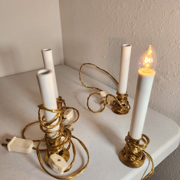Vintage White and Brass Candle Window Lights 6 inches tall Working 48' Cord - Picture 2 of 9